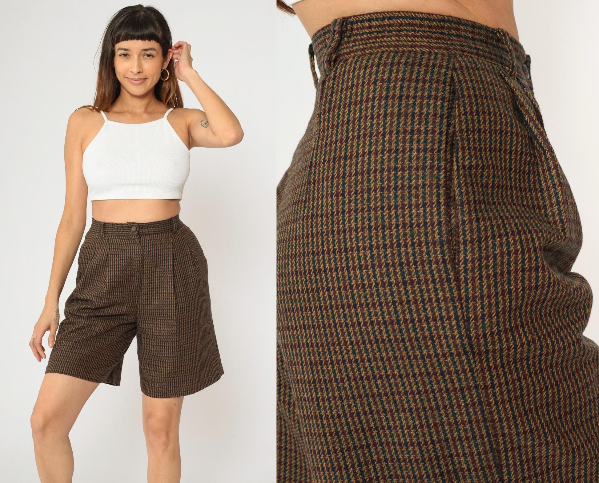 90s Sag Harbor Plaid Wool Shorts High Waisted Pleated Burgundy Navy Small