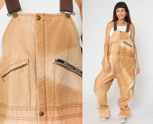 90s Key Imperial Canvas Workwear Overalls Tan Quilted Lining Extra Large
