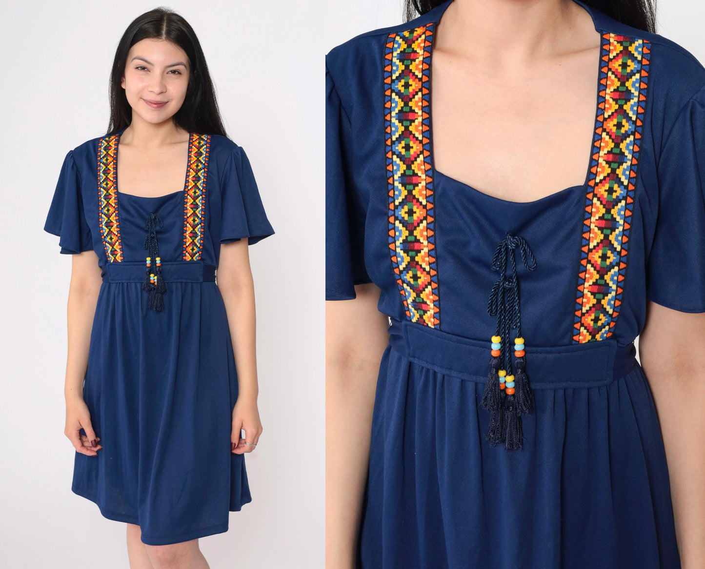 70s Navy Southwestern Empire Waist Mini Dress Flutter Sleeve Medium Large
