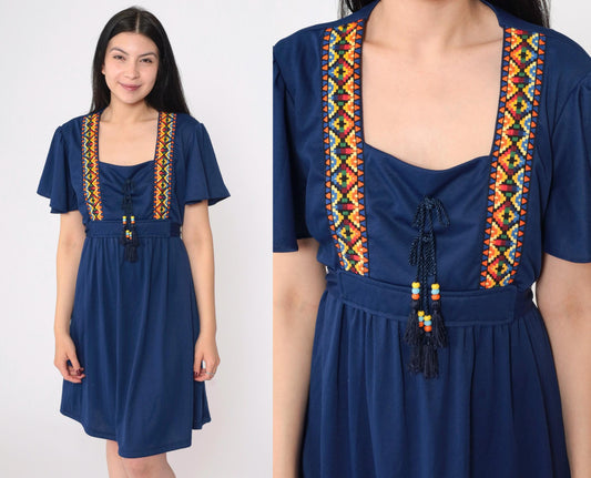 70s Navy Southwestern Empire Waist Mini Dress Flutter Sleeve Medium Large
