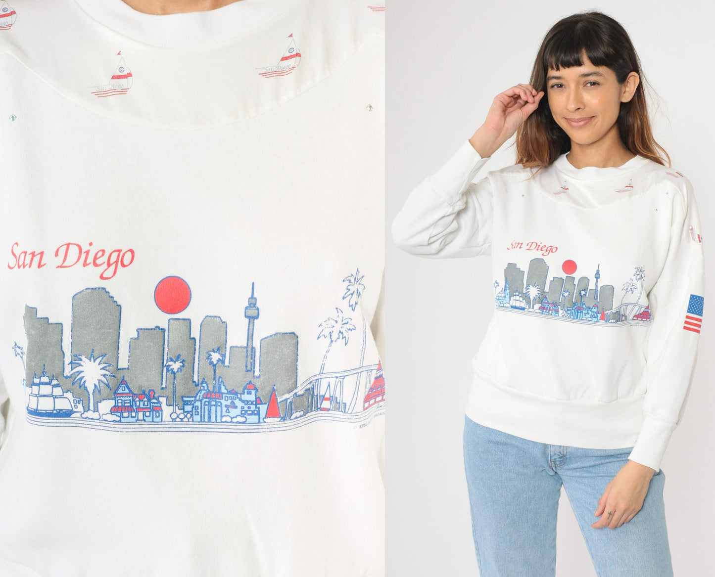 90s San Diego Nautical Sailboat Sweatshirt White Glitter Rhinestone Medium