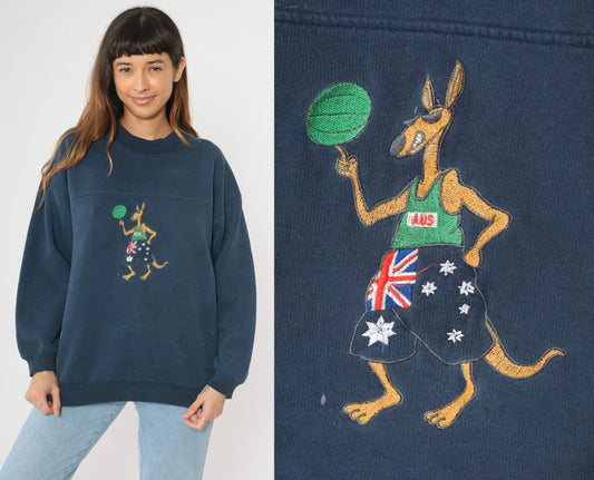 90s Australian Basketball Sweatshirt Navy Kangaroo Graphic Crewneck Large L