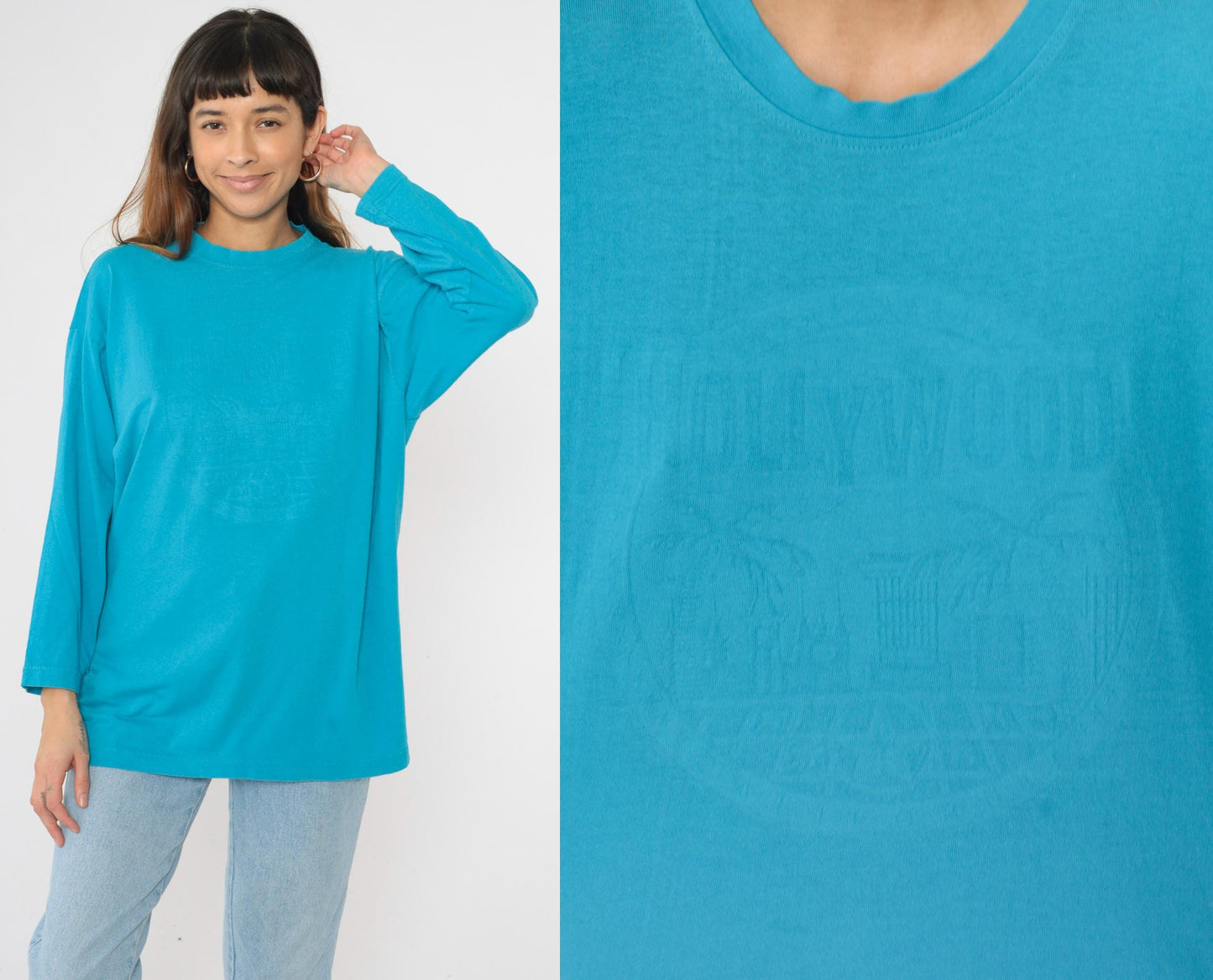 90s Hollywood Los Angeles Embossed Graphic Long Sleeve Tee Turquoise Extra Large XL