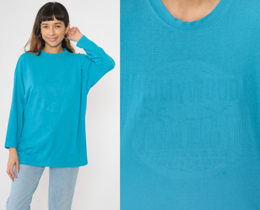 90s Hollywood Los Angeles Embossed Graphic Long Sleeve Tee Turquoise Extra Large XL