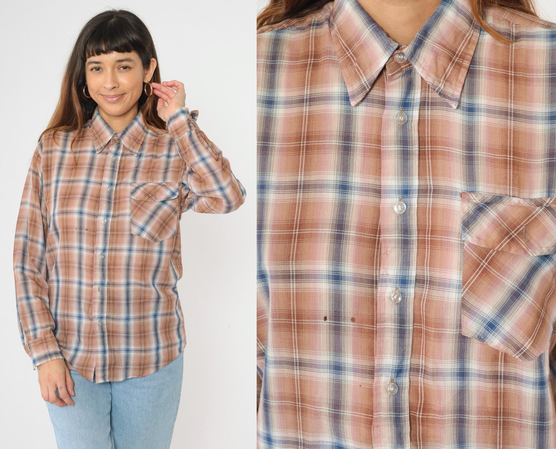 80s Tan Blue Pink Plaid Button Up Shirt Long Sleeve Men's Medium