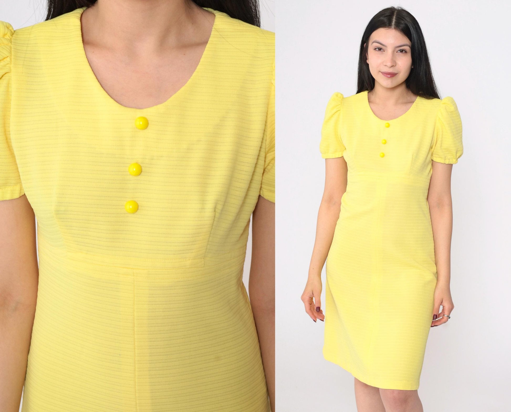 70s Yellow Babydoll Dress Empire Waist Puff Sleeve Mini Scoop Neck Small