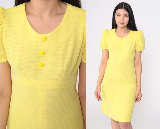 70s Yellow Babydoll Dress Empire Waist Puff Sleeve Mini Scoop Neck Small