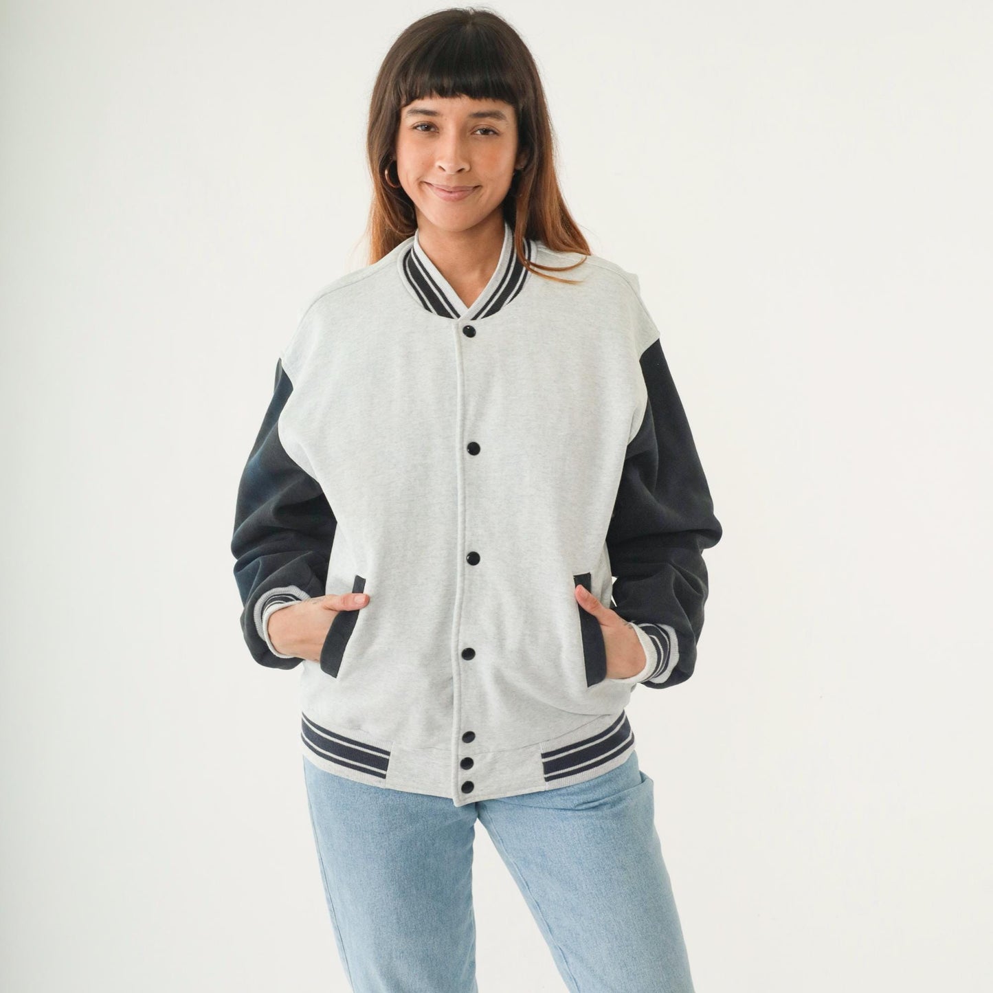 90s Dog Graphic Bomber Jacket Heather Grey Black Striped Snap Up Large L
