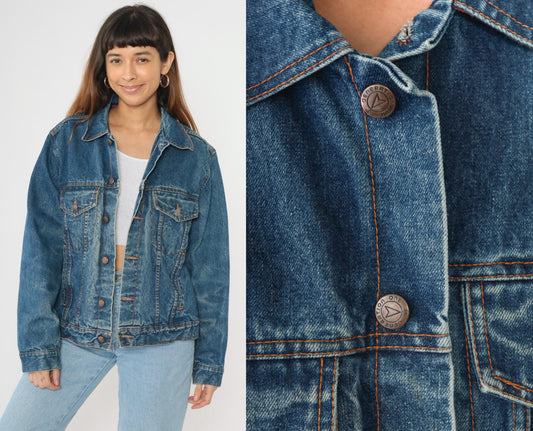 90s Generation One Blue Denim Jacket Red Buffalo Plaid Lining Medium M