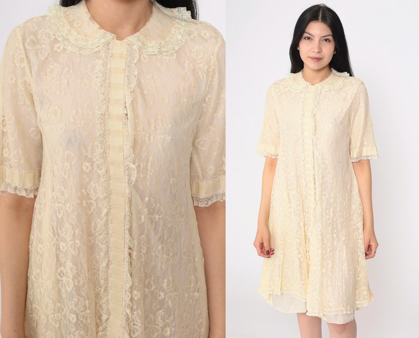 1960s Cream Lace Nightgown Peter Pan Collar Snap Front Small