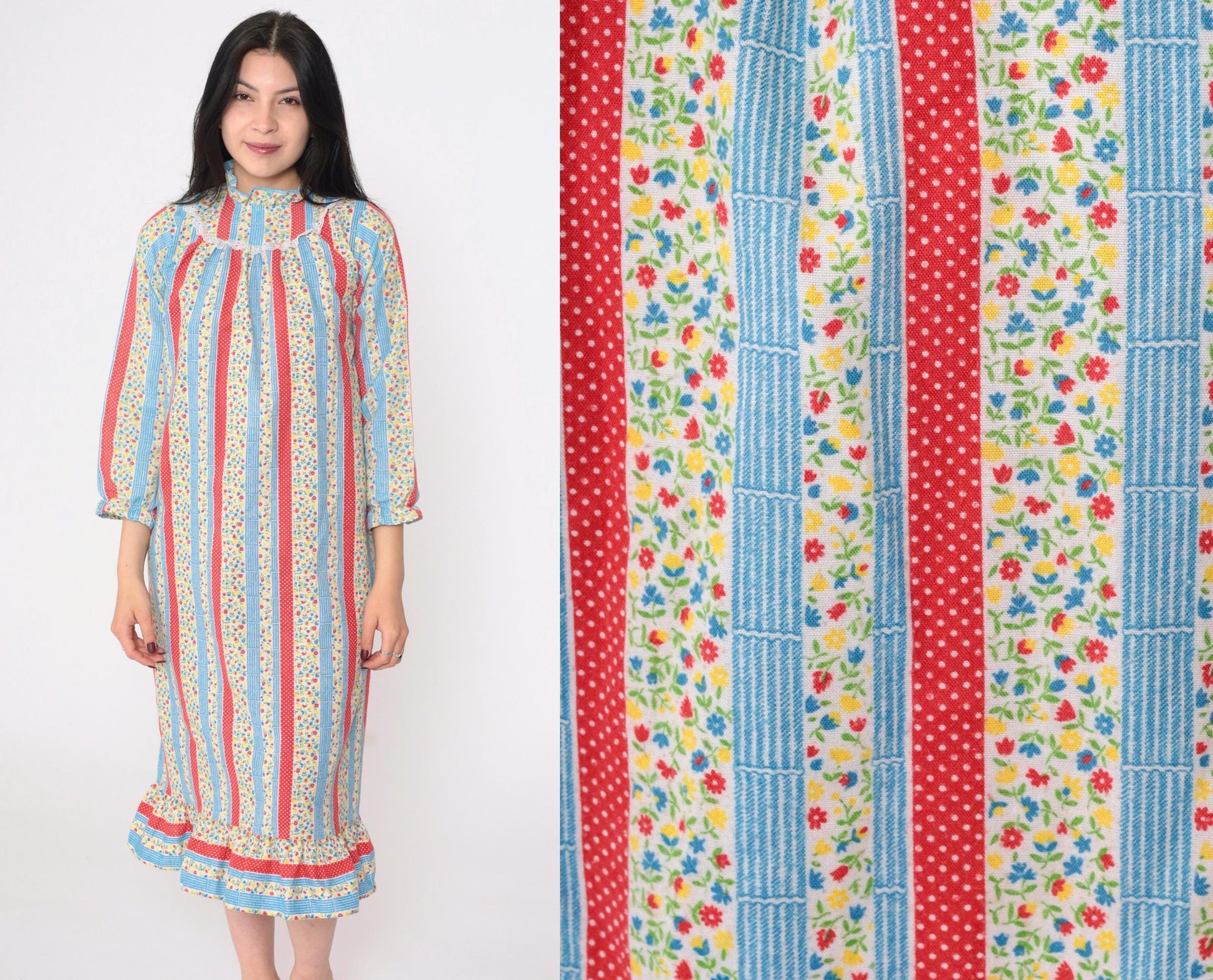 70s Floral Calico Striped Nightgown Eyelet Lace Bib Long Sleeve Red Blue Extra Small