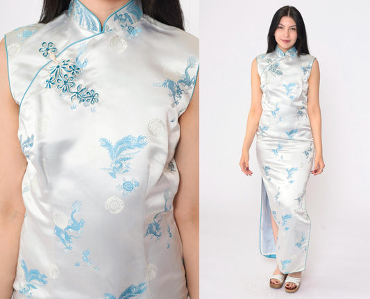 80s Light Blue Satin Cheongsam Maxi Dress Dragon Peacock Brocade Mandarin Collar Small S