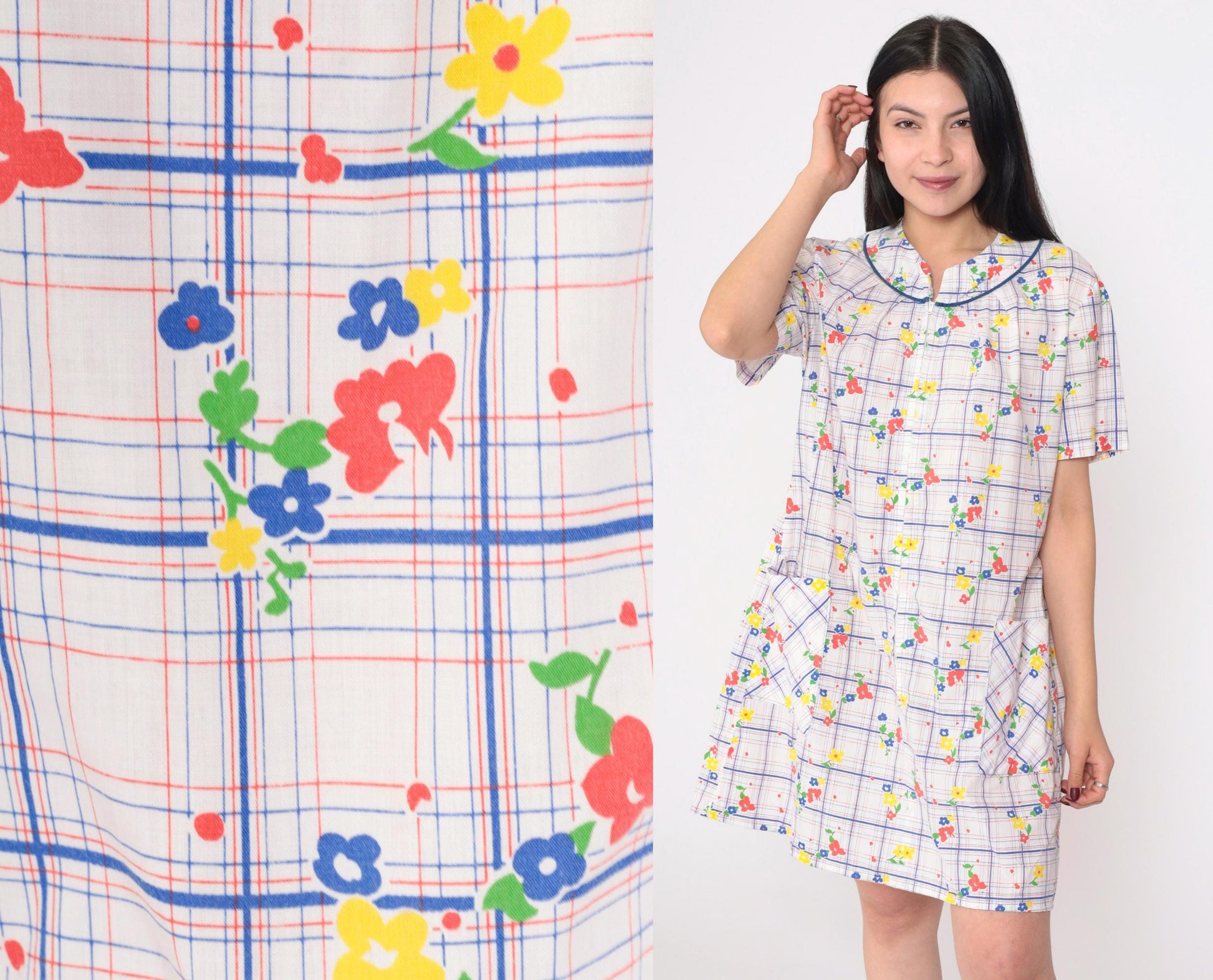 70s White Floral Shift Dress Mini Length Front Zip Pockets Large