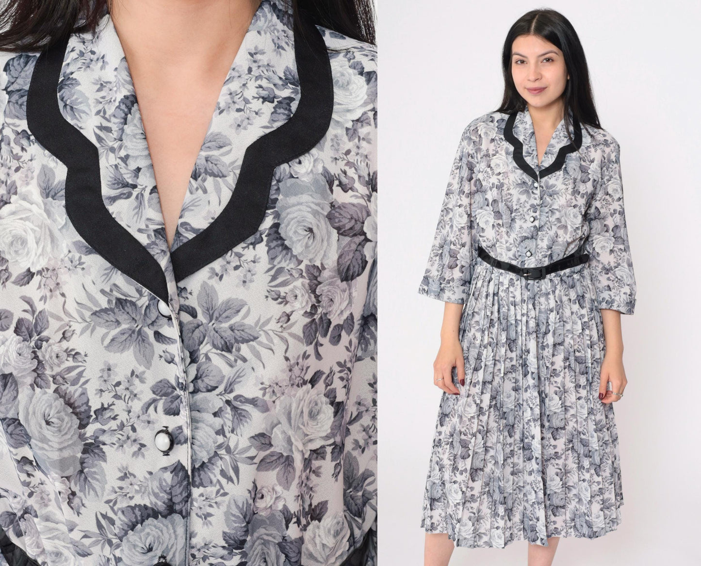 80s Grey Floral Midi Shirtdress Pleated High Waist Button Up 3/4 Sleeve Large