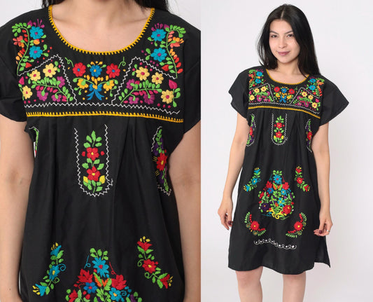 90s Black Mexican Embroidered Cotton Tunic Mini Dress Floral Small