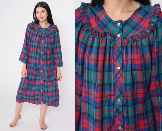 80s Plaid Button-Up Nightgown Red Blue Green Ruffled Yoke Long Sleeve Large