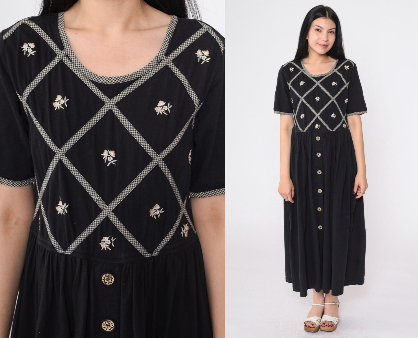 90s Black Floral Embroidered Cotton Maxi Dress Gingham Lattice Short Sleeve Small