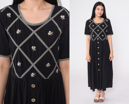 90s Black Floral Embroidered Cotton Maxi Dress Gingham Lattice Short Sleeve Small