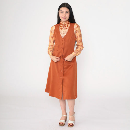 70s Bobbie Brooks Three-Piece Set Rust Brown Scenic Print Blouse Vest Midi Skirt Extra Small
