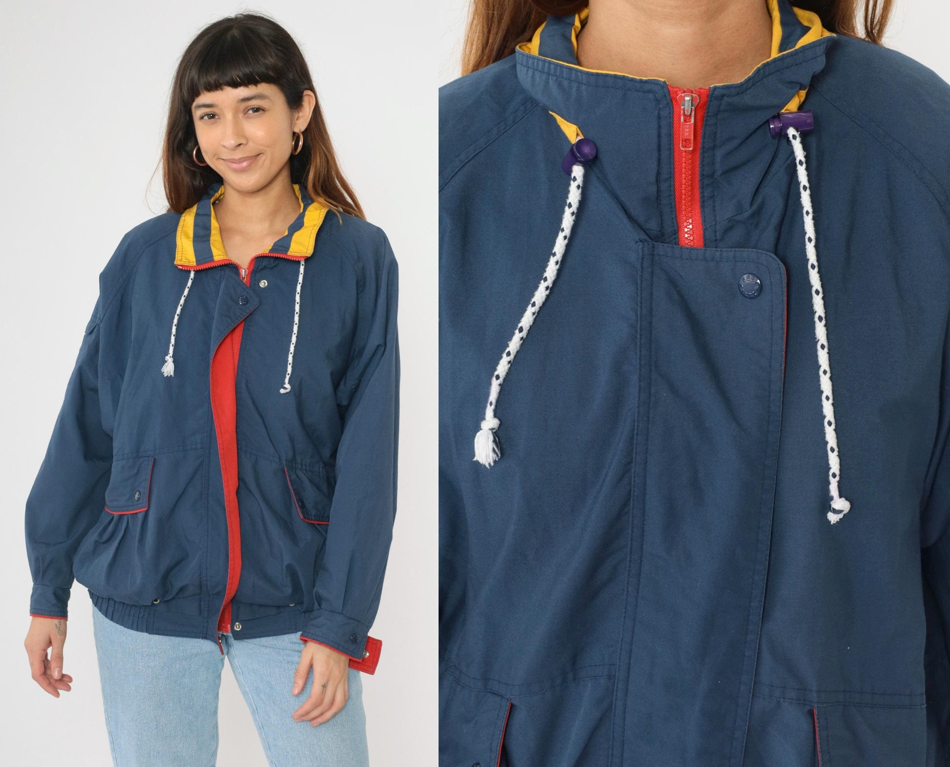 80s Izzi Spirit Blue Windbreaker Jacket Yellow Red Trim Zip Up Medium
