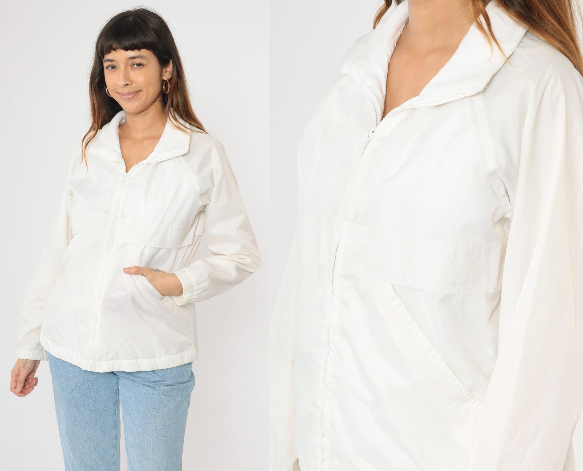 80s White Nylon Windbreaker Jacket Zip Up Raglan Sleeve Small S