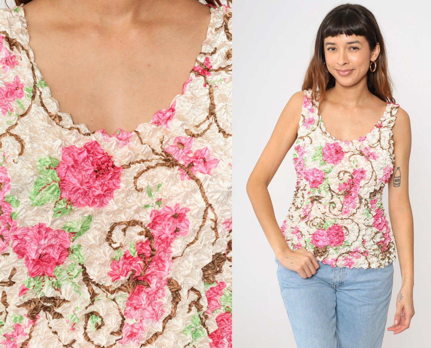 Y2K Floral Popcorn Tank Top Off-White Pink Flower Print Sleeveless Blouse Small