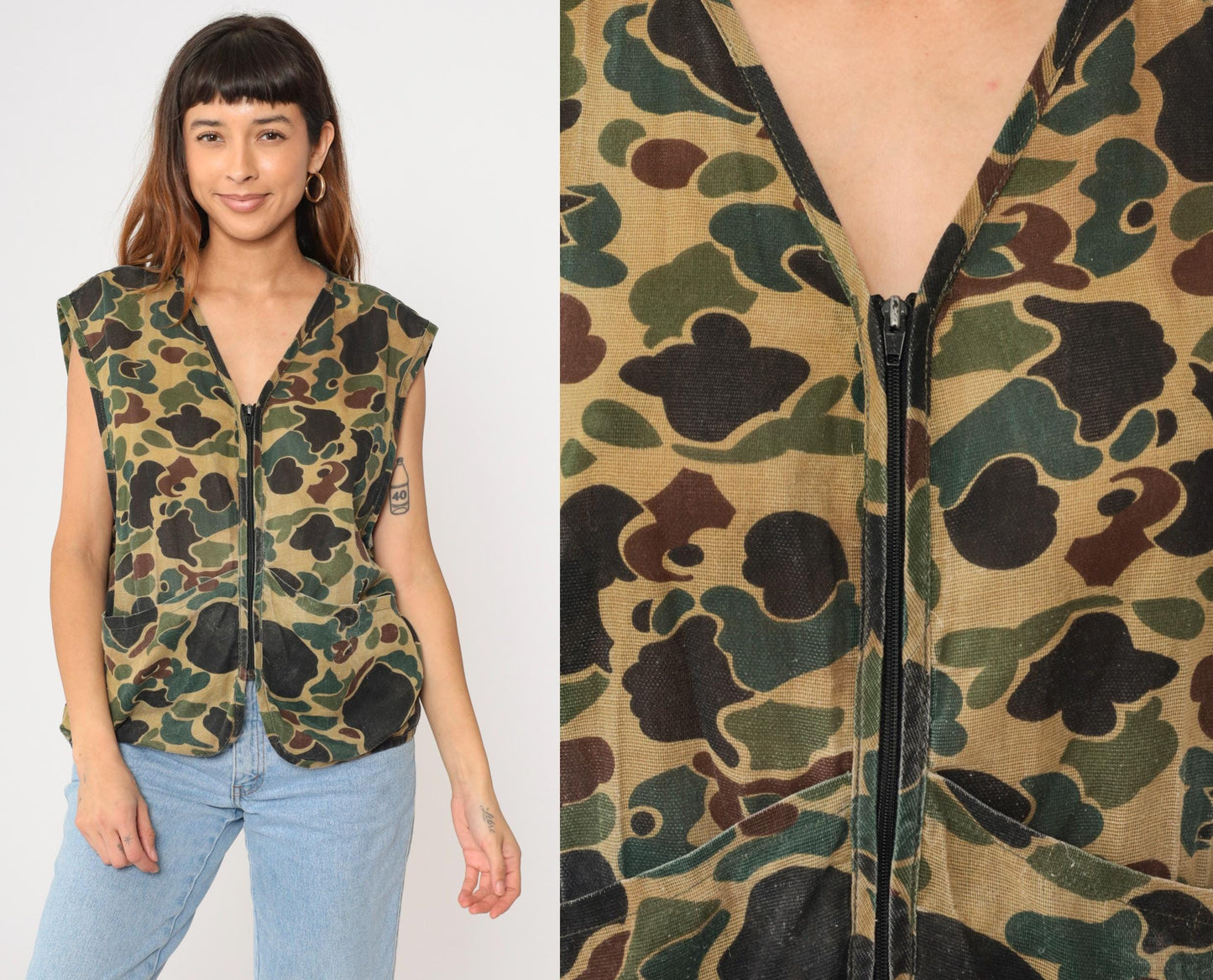 70s Saftbak Camo Hunting Vest Zip Front Canvas Olive Game Pocket Medium Large