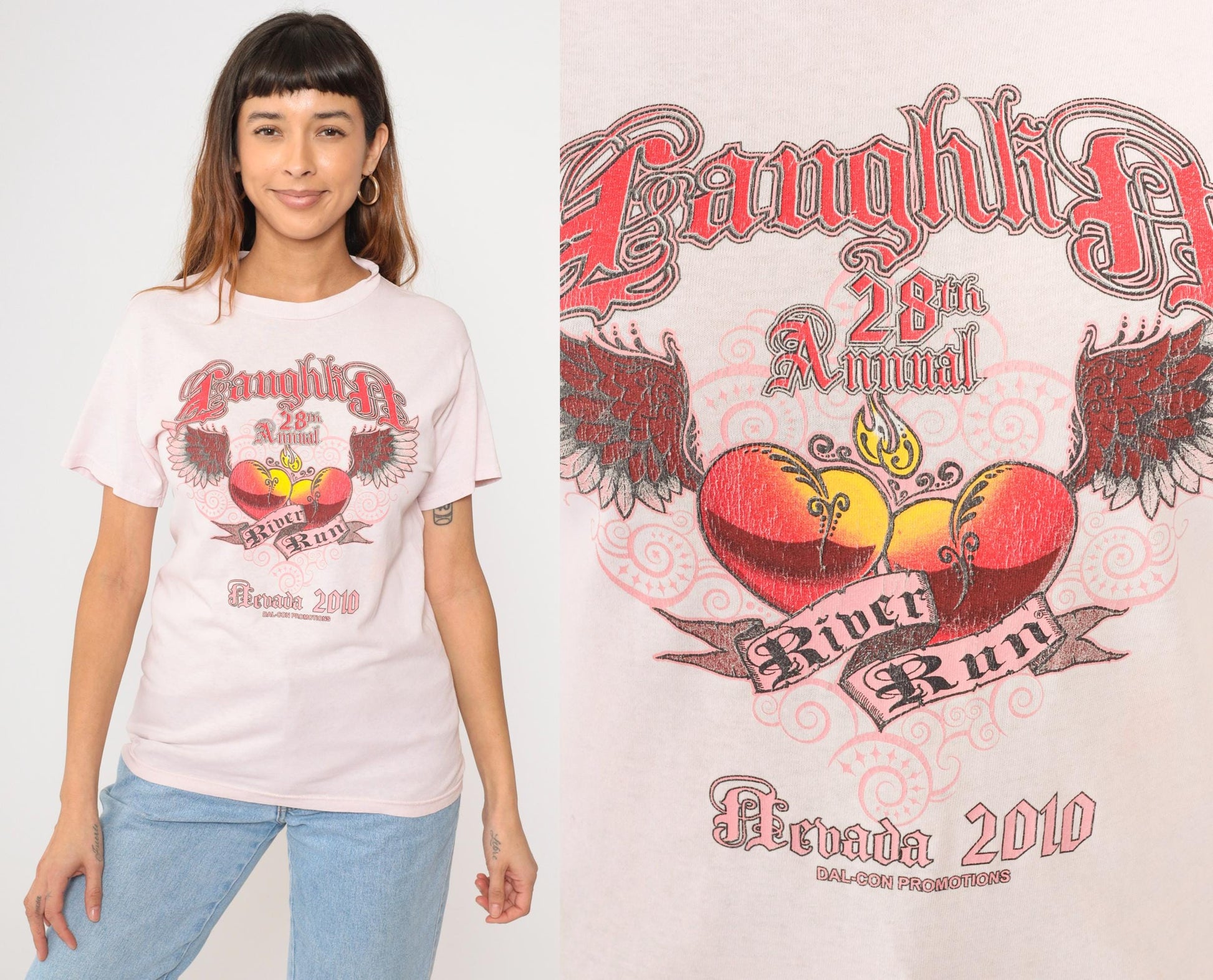 Laughlin River Run Winged Heart Flame Graphic T-Shirt Pink Small S