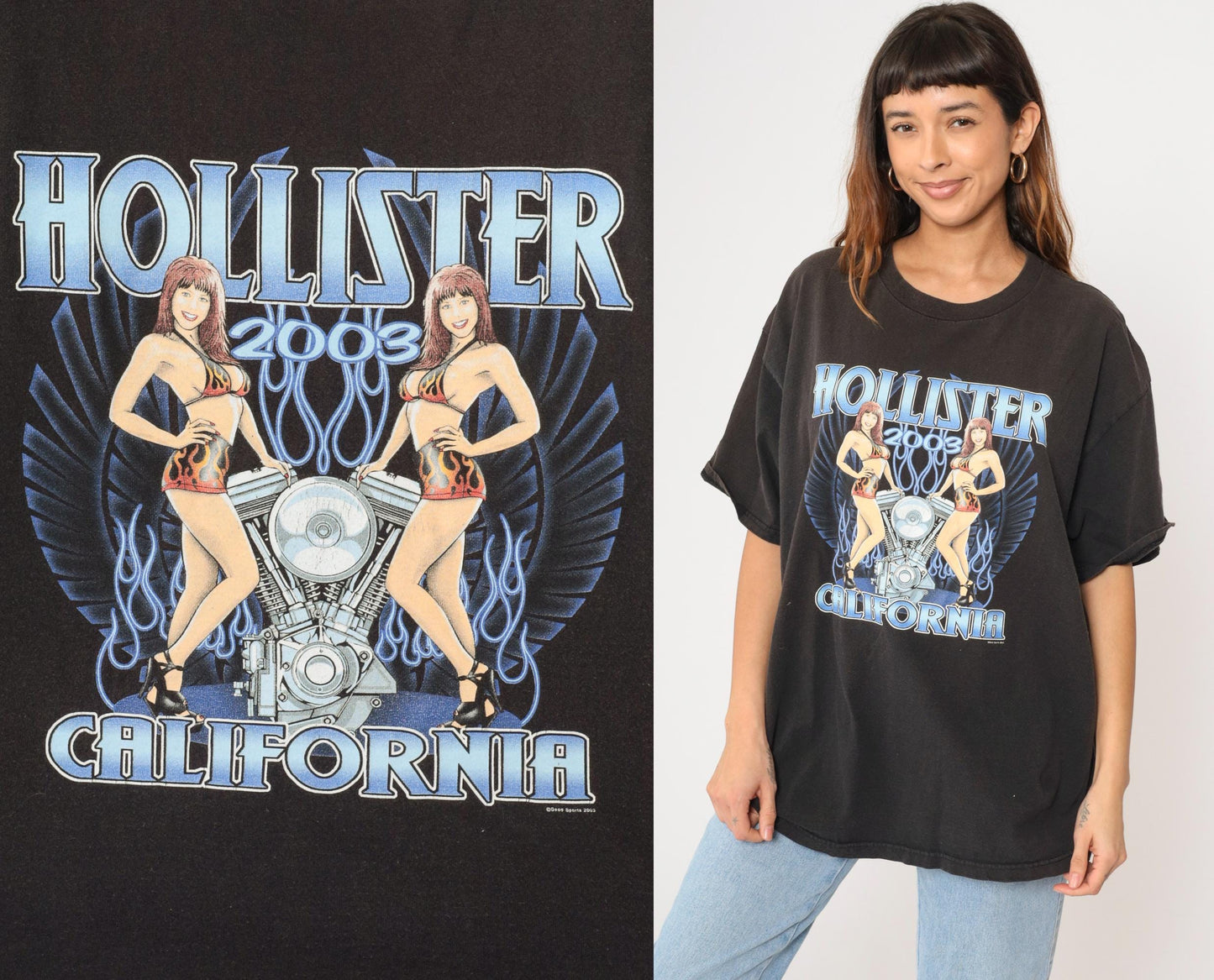 2003 Hollister July 4th Biker Rally T-Shirt Flame Winged Engine Black Graphic Extra Large XL