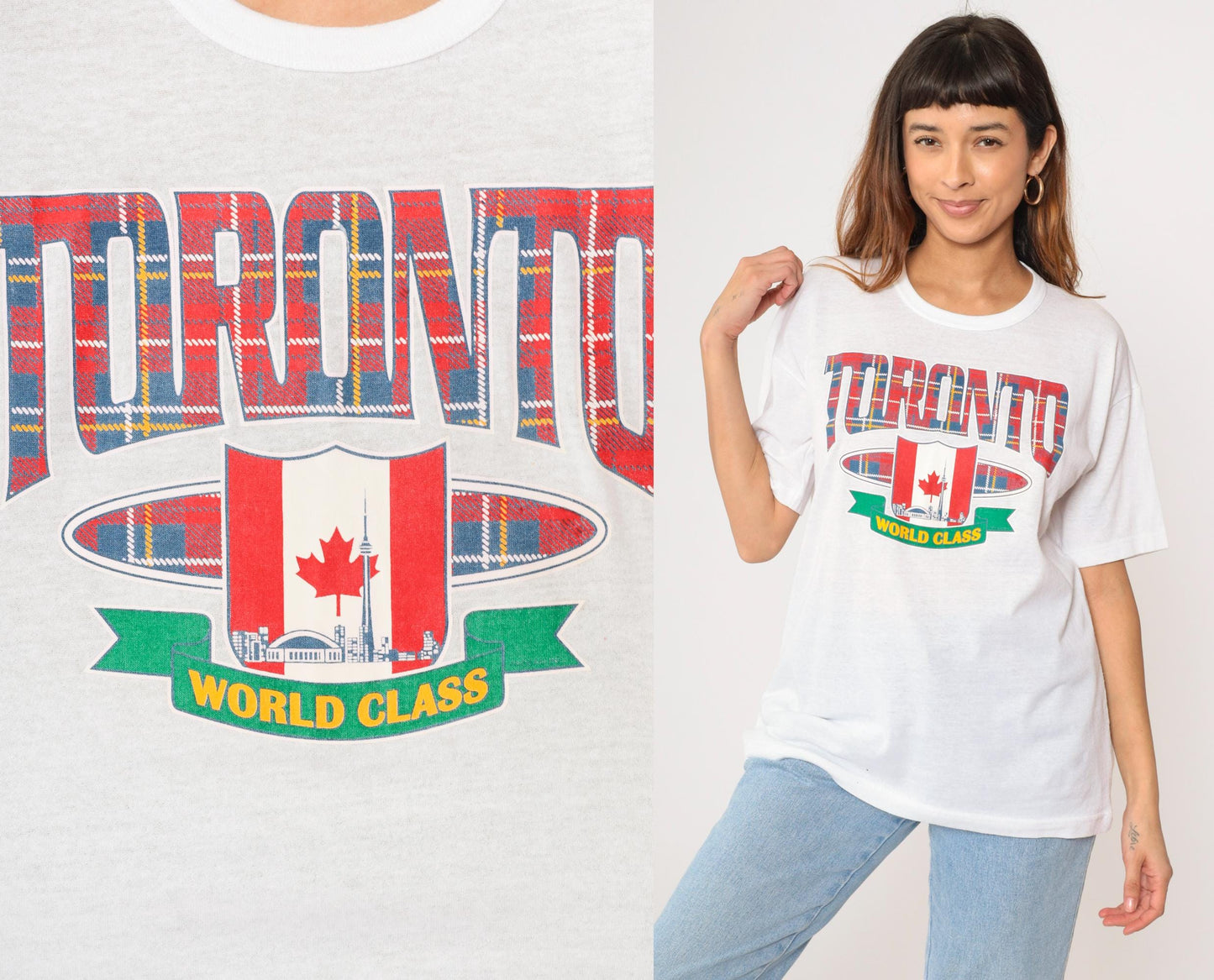 90s Toronto CN Tower Graphic T-Shirt White Canada Travel Tee Large L