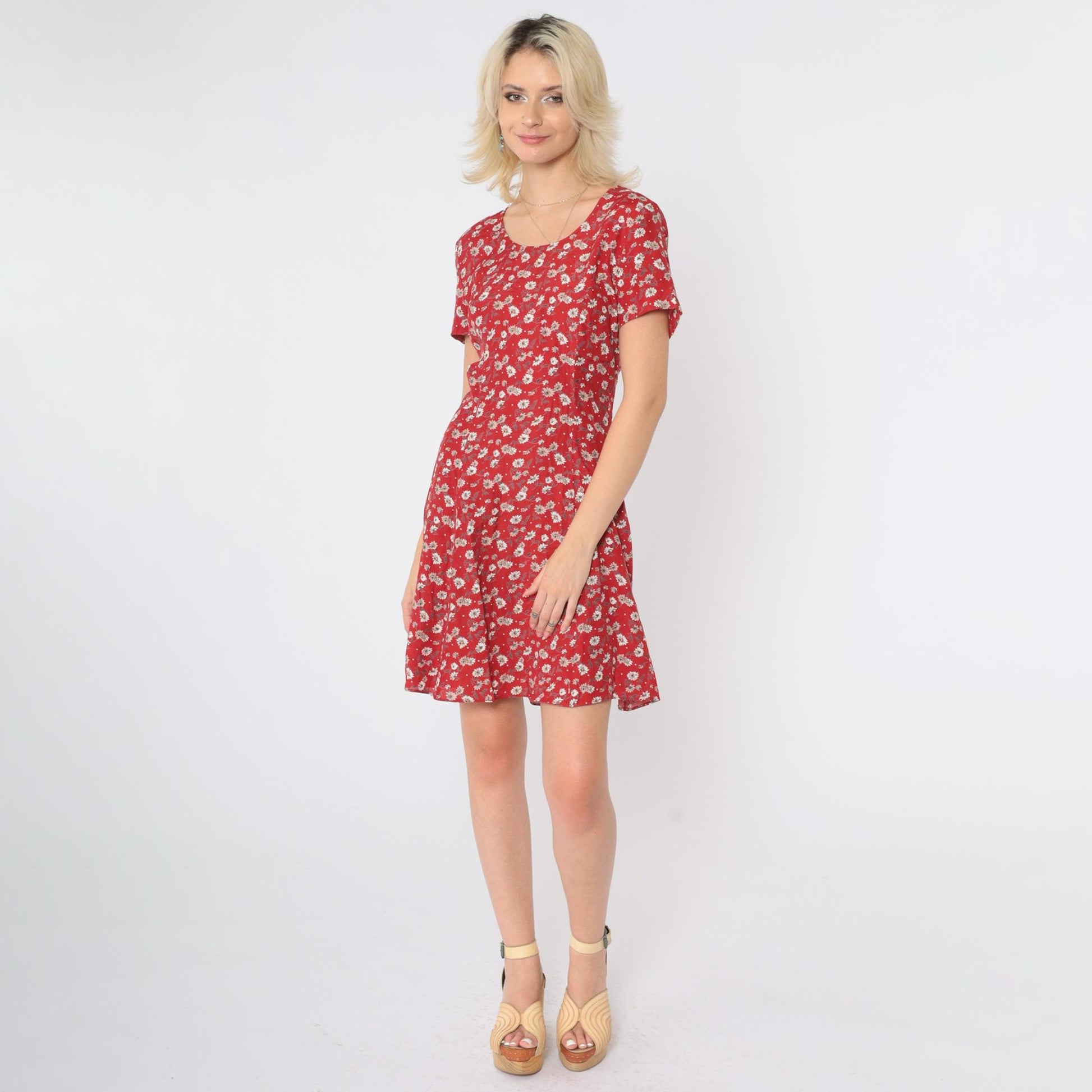 90s Rampage Red Floral Mini Dress Fit and Flare Scoop Neck Small