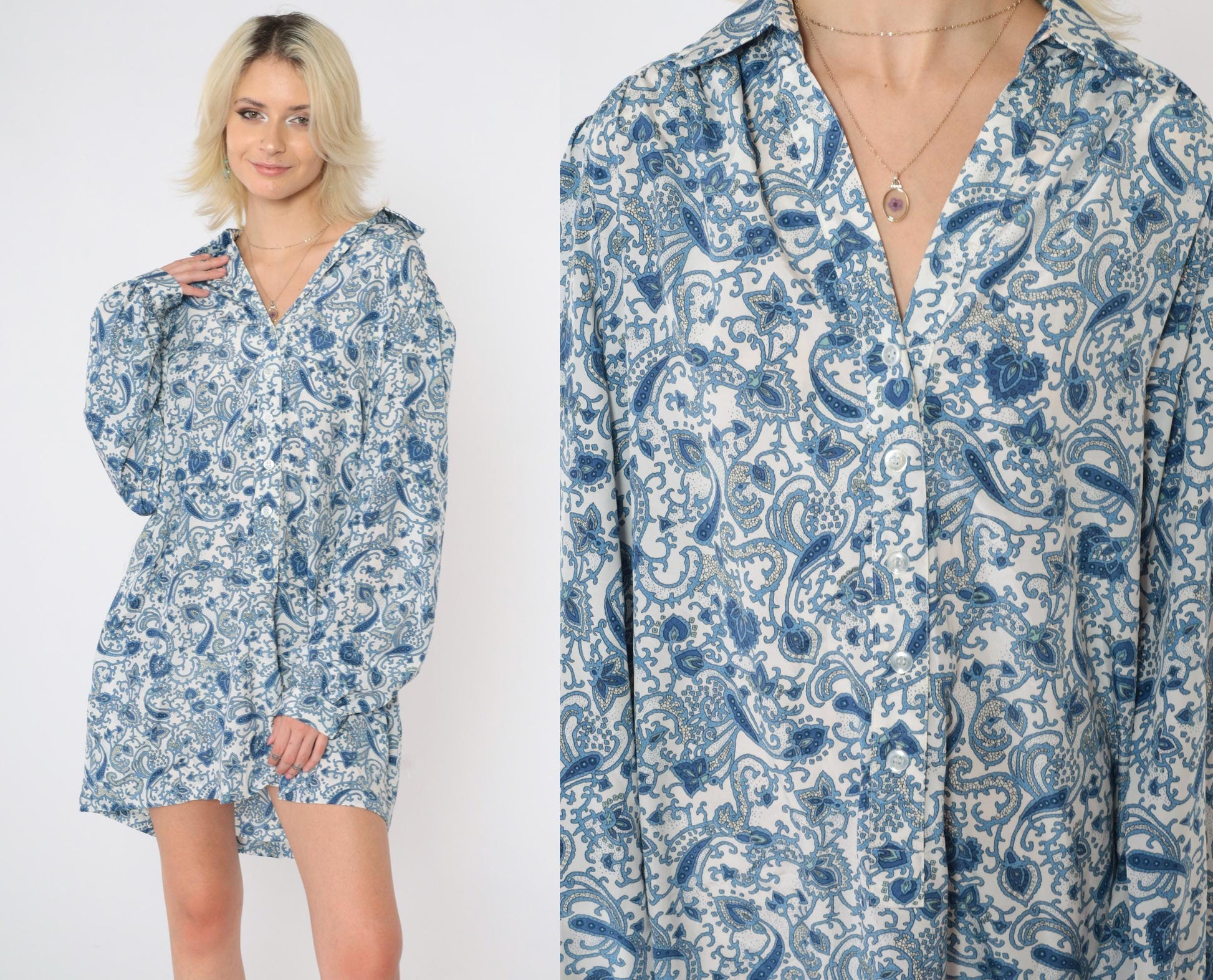 90s Blue Paisley Button-Up Blouse White Long Sleeve Collared Extra Large