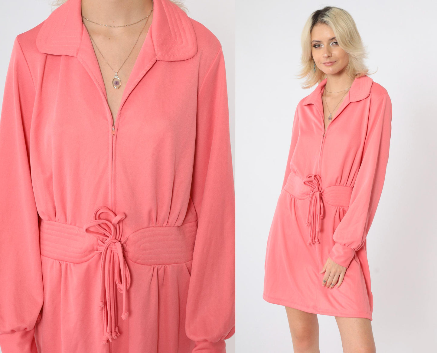 70s Pink Mod Mini Dress Zip Front Quilted Waist Long Sleeve Large