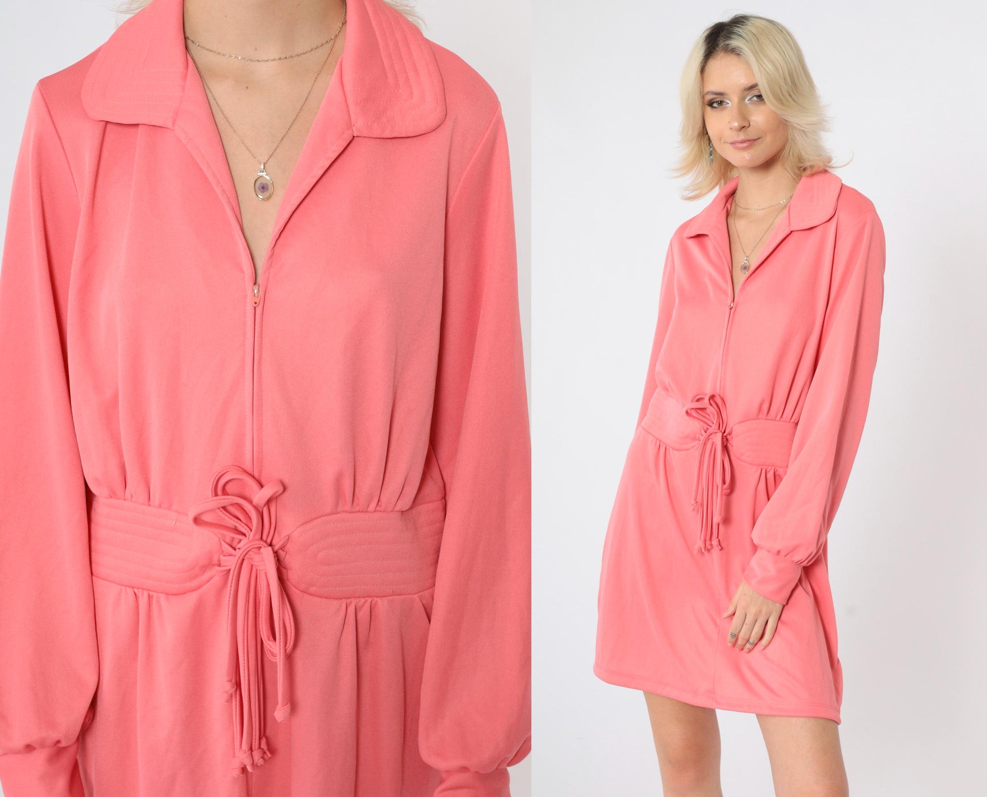 70s Pink Mod Mini Dress Zip Front Quilted Waist Long Sleeve Large