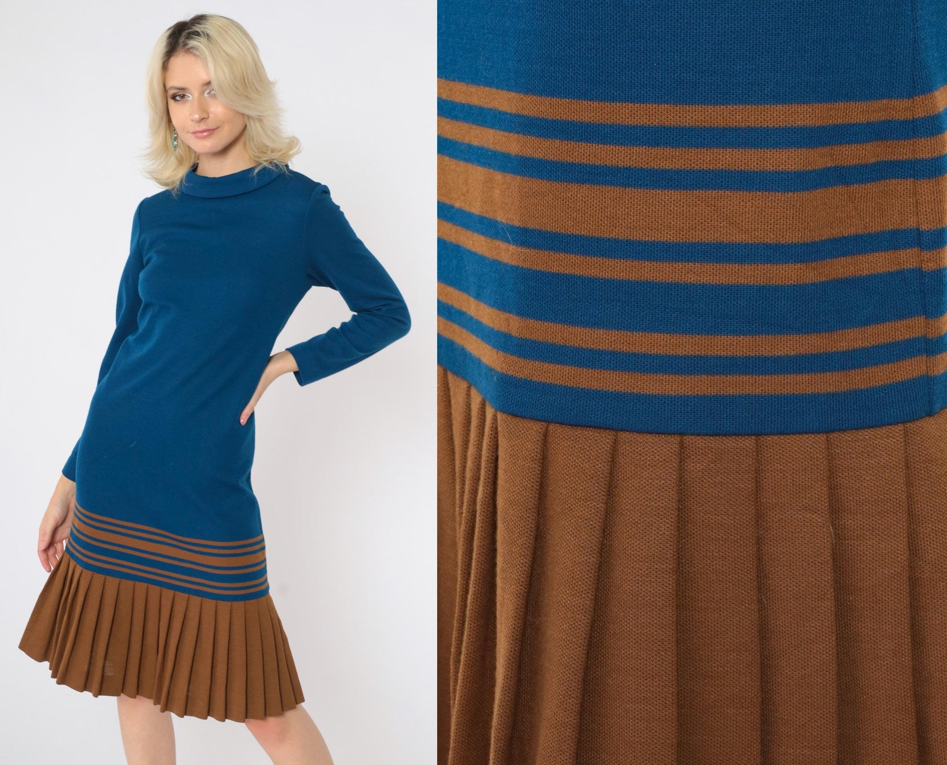 1960s Mod Scooter Dress Dark Blue Brown Striped Wool Drop Waist Small