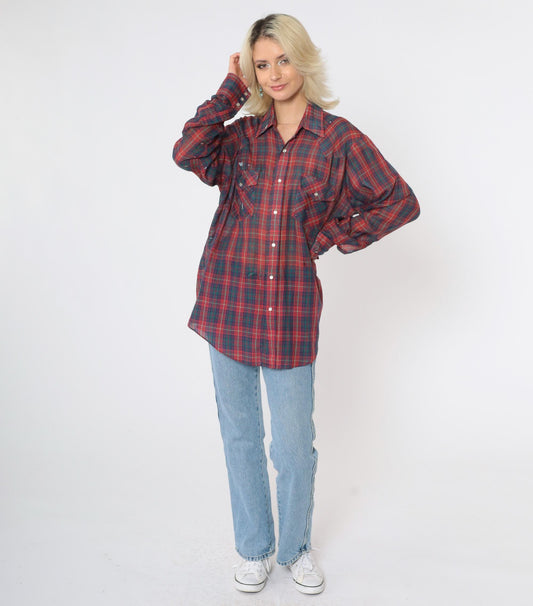 80s Western Pearl Snap Shirt Plaid Paint Splatter Distressed Large L
