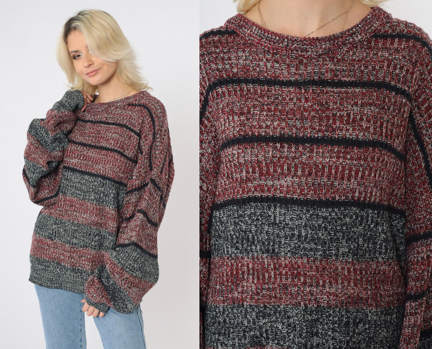 80s Wrangler Striped Knit Sweater Red Black Marled Crewneck Extra Large XL