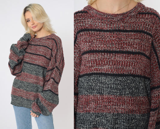 80s Wrangler Striped Knit Sweater Red Black Marled Crewneck Extra Large XL