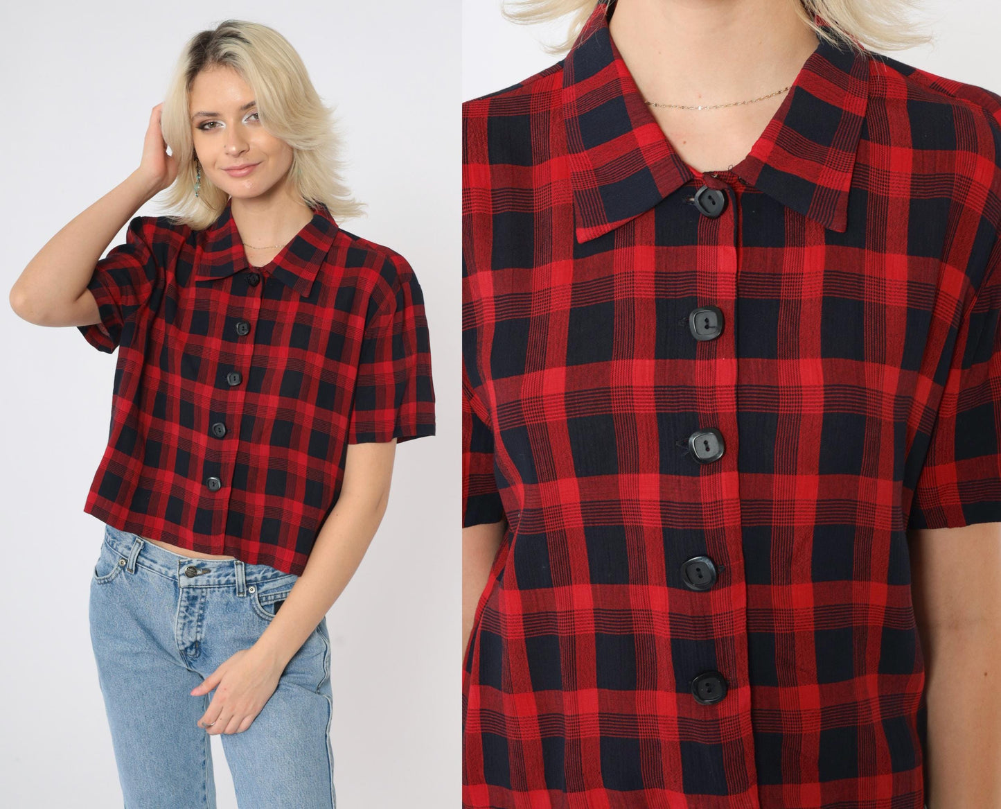 90s Jessica Howard Red Black Checkered Button-Up Blouse Short Sleeve Medium M