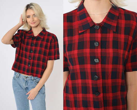 90s Jessica Howard Red Black Checkered Button-Up Blouse Short Sleeve Medium M