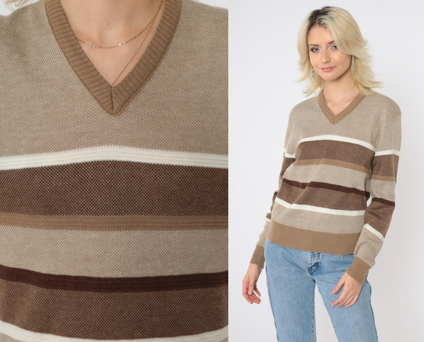 80s Tan Striped V-Neck Sweater Pullover Knit Small