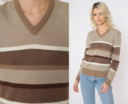 80s Tan Striped V-Neck Sweater Pullover Knit Small