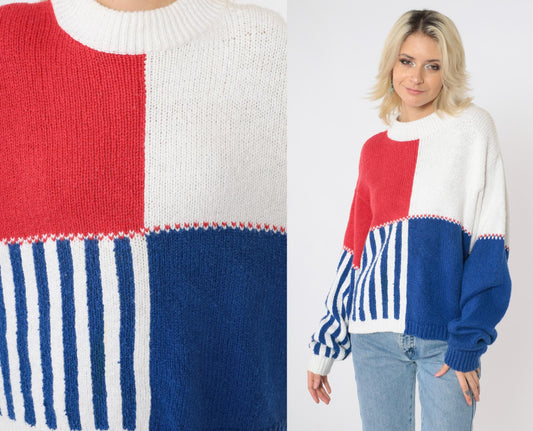90s Lizsport Color Block Sweater Red White Blue Ramie Cotton Crewneck Medium M
