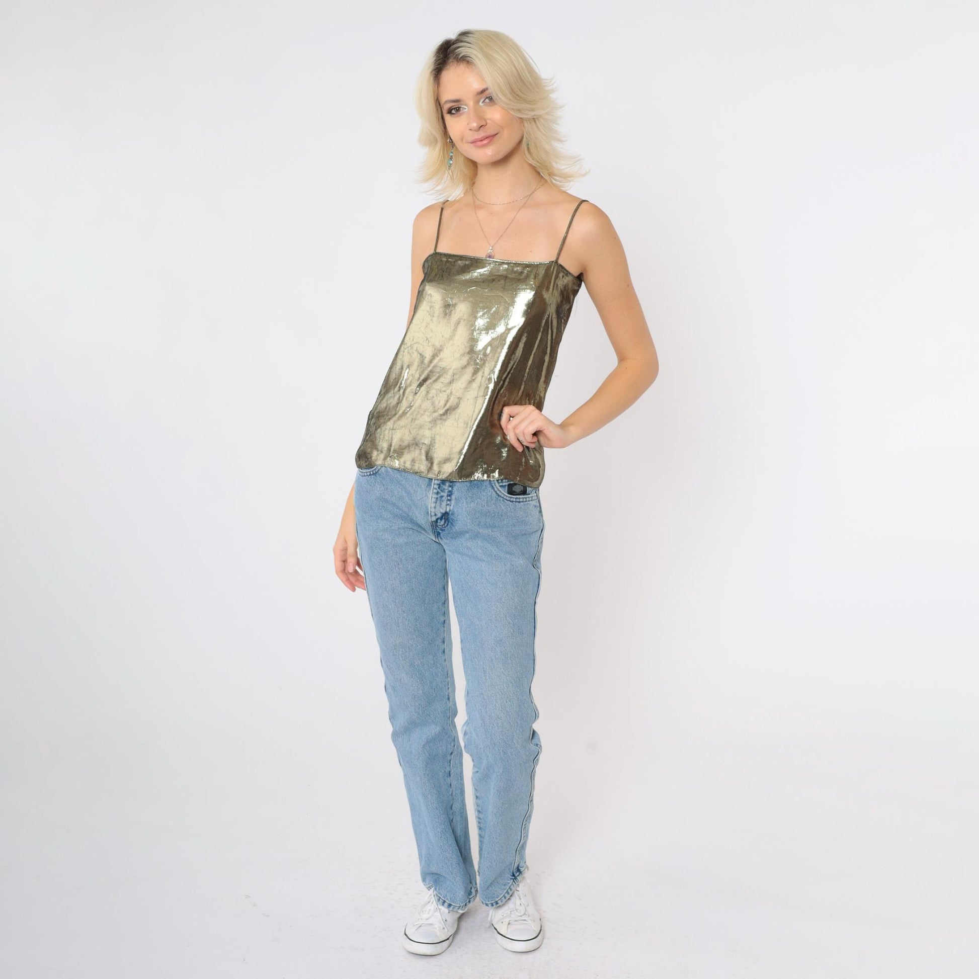 80s Metallic Gold Spaghetti Strap Tank Top Camisole Small