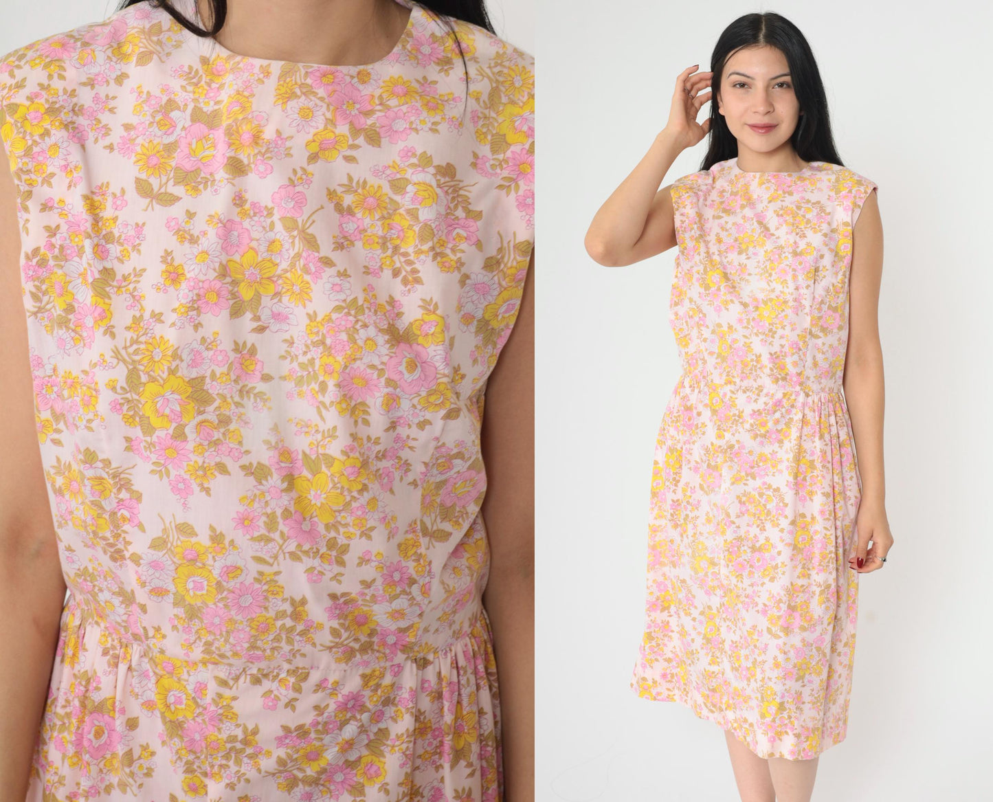 1960s Mod Floral Midi Dress Pink Yellow High Waist Sleeveless Medium
