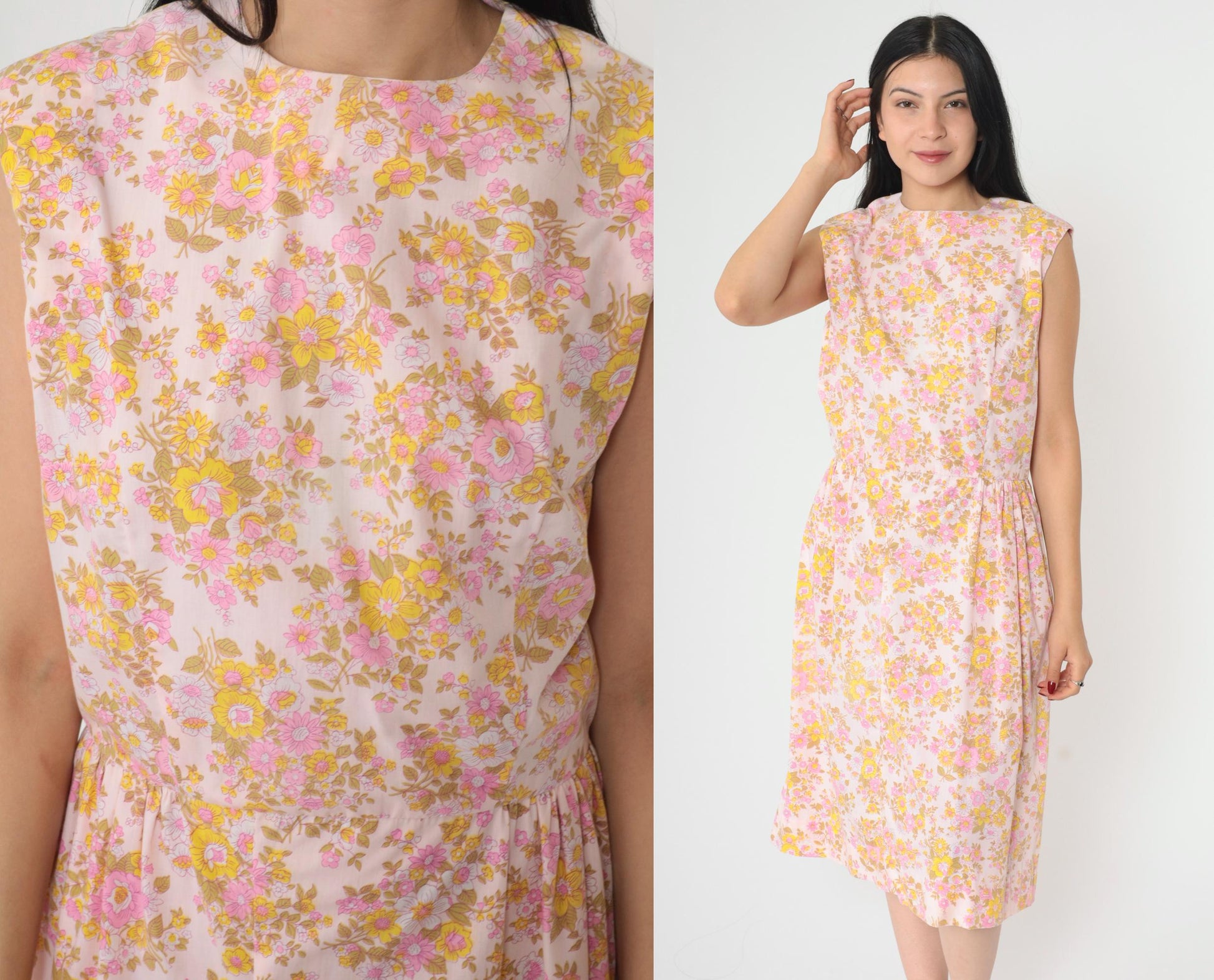 1960s Mod Floral Midi Dress Pink Yellow High Waist Sleeveless Medium