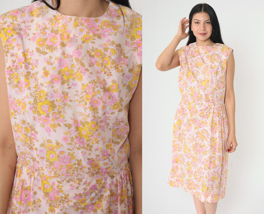 1960s Mod Floral Midi Dress Pink Yellow High Waist Sleeveless Medium