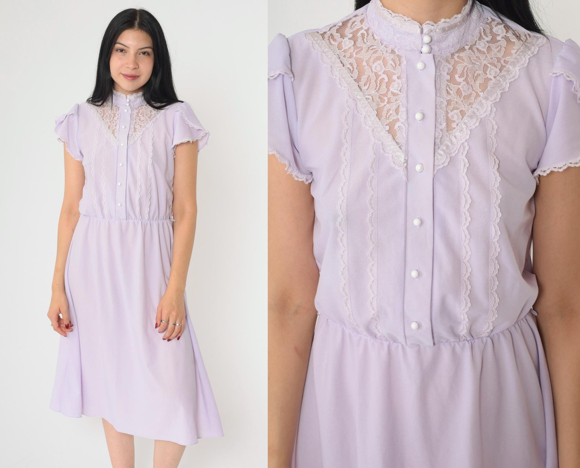 70s Lavender Midi Dress Lace Yoke Button Front Tulip Sleeve Small