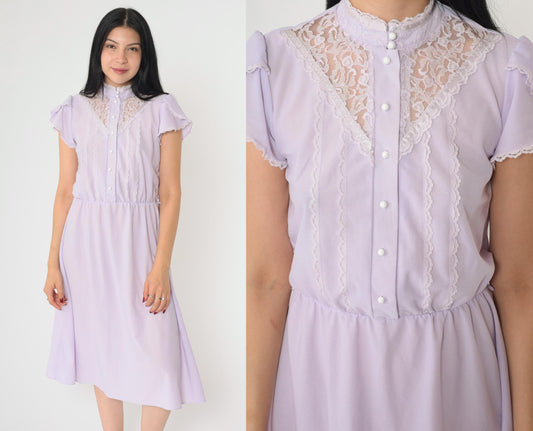 70s Lavender Midi Dress Lace Yoke Button Front Tulip Sleeve Small