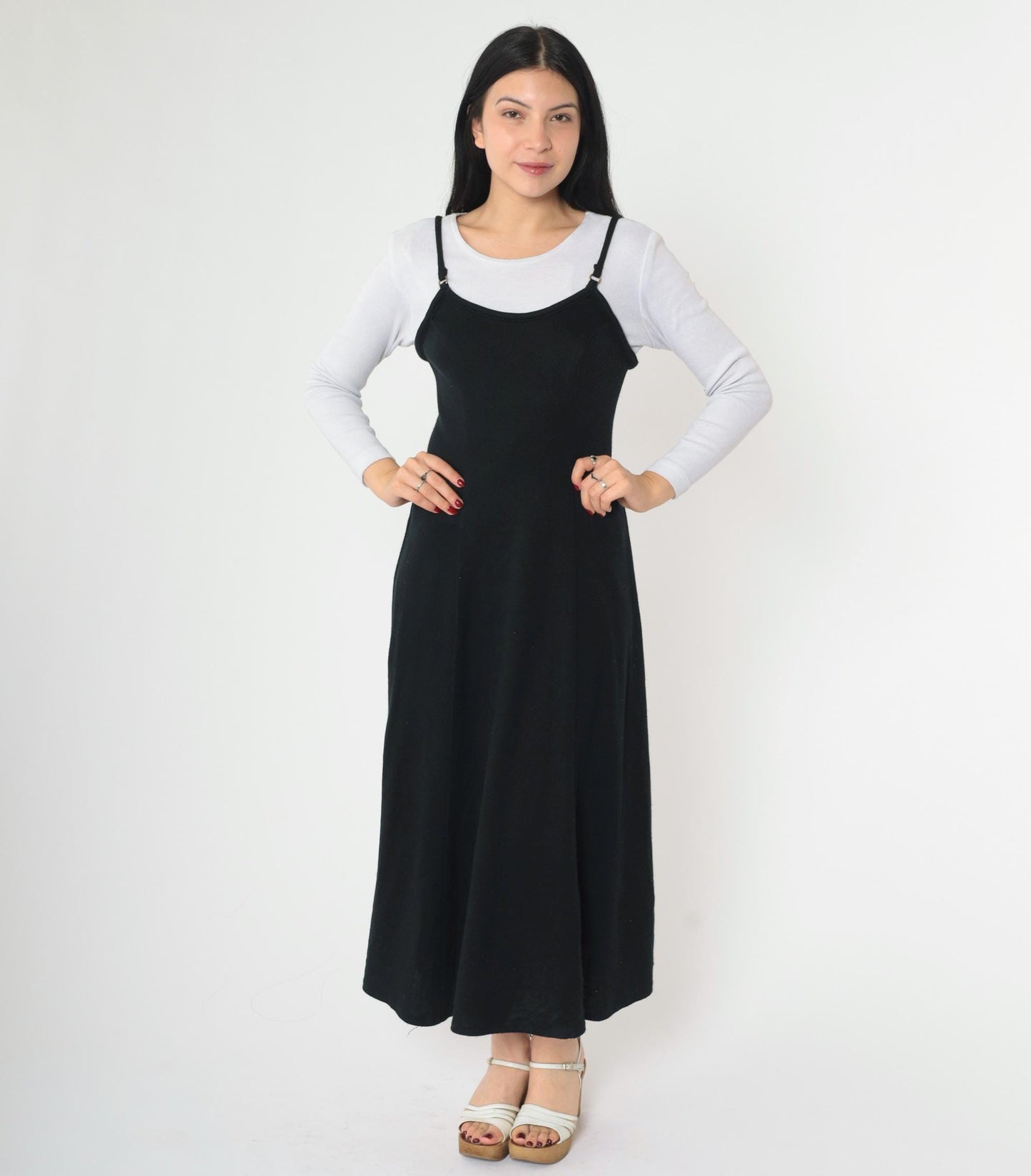90s Black Midi Dress White Lace-Up Back Attached Shirt Small
